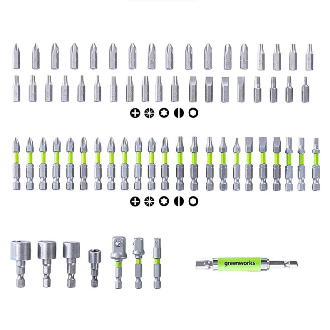 Набор бит, торцевых головок и адаптеров в кейсе Greenworks Арт. 2944407, 70 шт. в Екатеринбурге