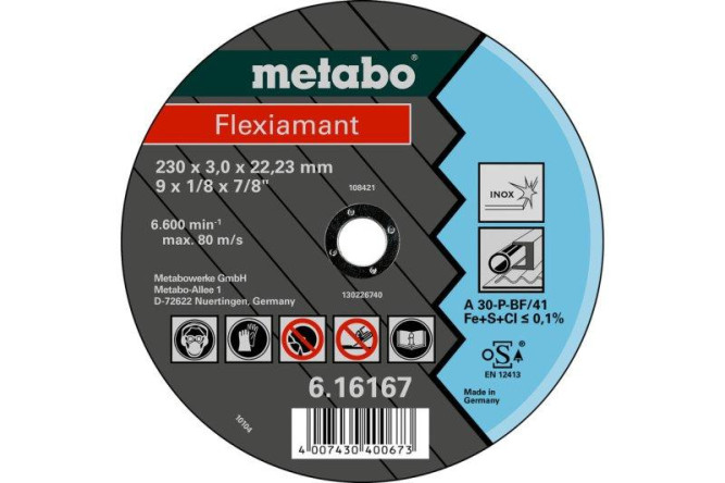 Отрезной круг Metabo 230х3,0х22,23мм Flexiamant Inox А 30-Р прямой  616167000 в Екатеринбурге